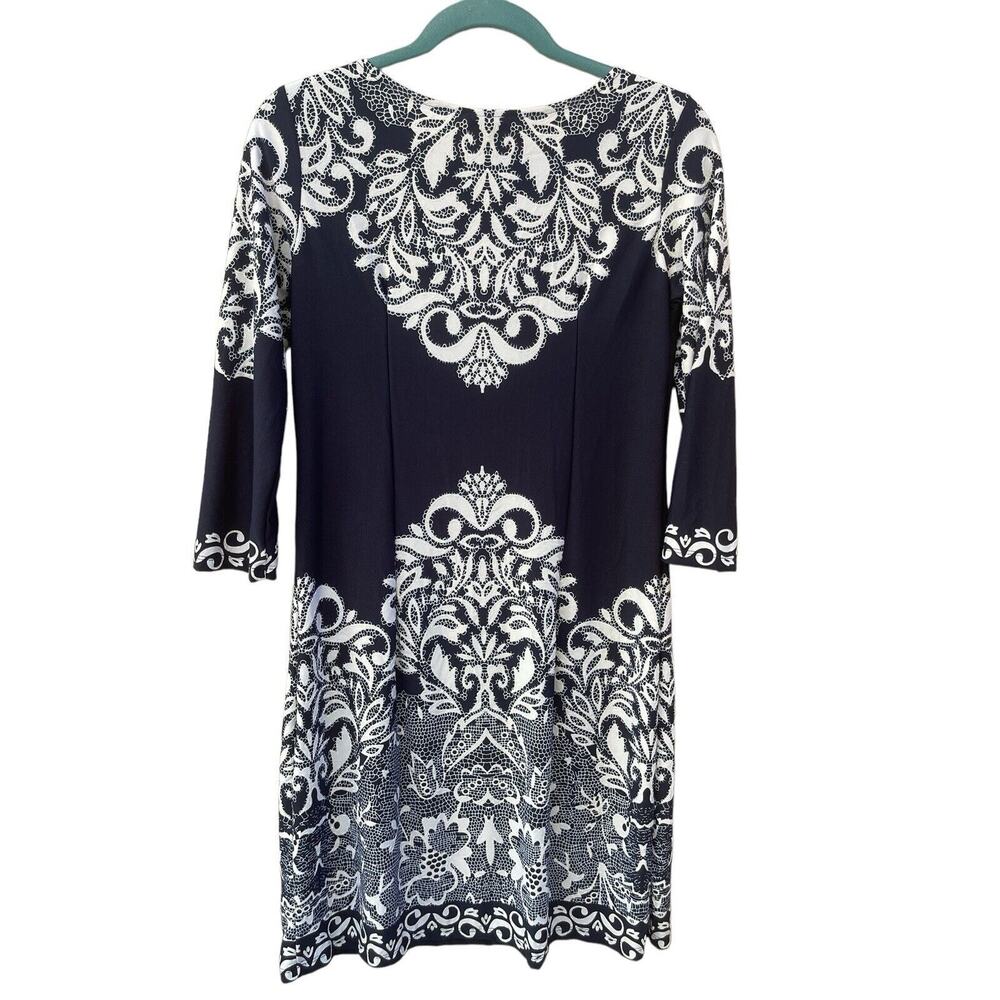 Lavanya Dress Womens Sz Small Blue Andβ White Pattern Midi 3/4 Sleeve Stretchy